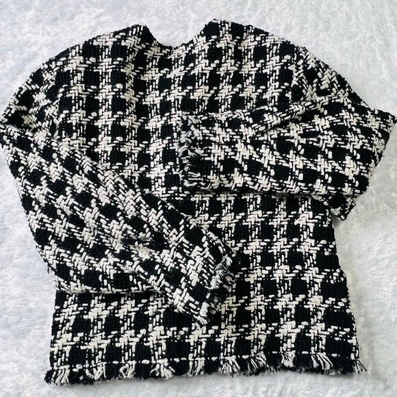 Joie Womens Black White Awel Houndstooth Twill Fringe Open Front Jacket Sz Large - Picture 2 of 6